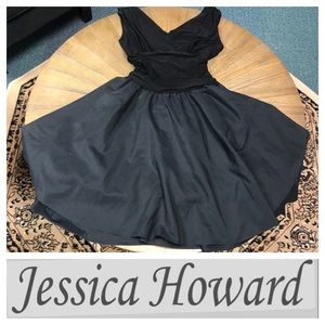 Black Taffeta Ruched Waist Double Vee Fit & Flair Dress